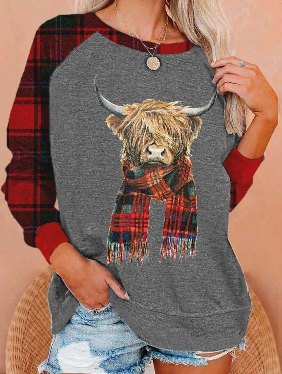 Women's Highland Cow Print Casual Crewneck Sweatshirt
