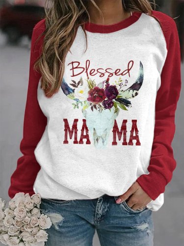 Women's Blessed Mama Bull Skull Western Print Sweatshirt