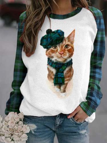 Women's Fun Scarf Cat Print Sweatshirt