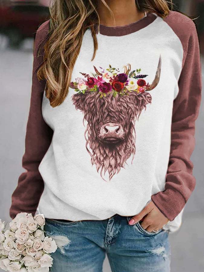 Women's High Land Cow Print Casual Sweatshirt