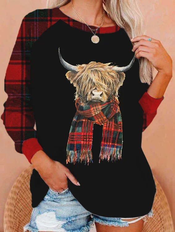Women's Highland Cow Print Casual Crewneck Sweatshirt