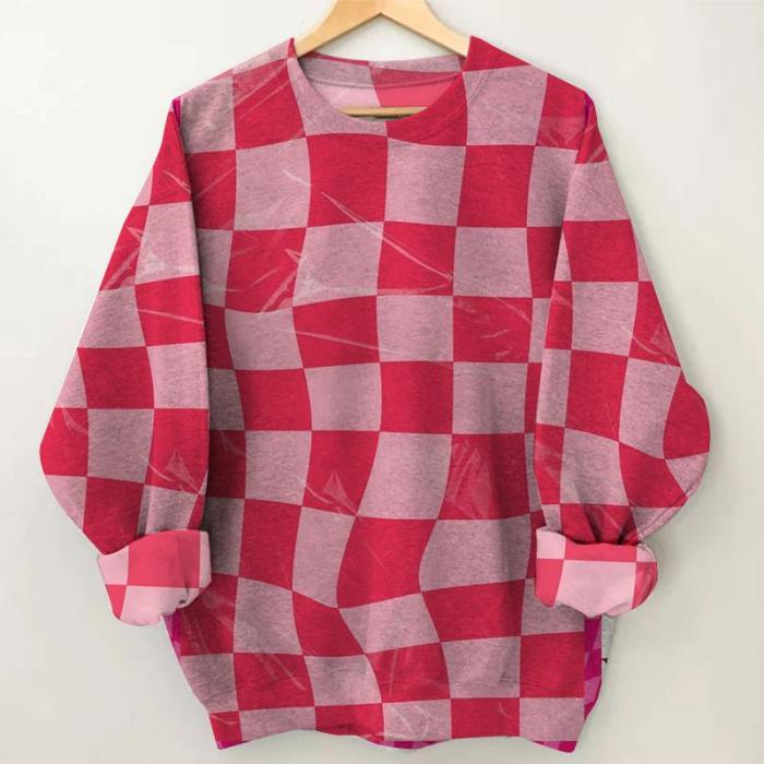 Women's Red Checked Pattern Print Long Sleeve Round Neck Sweatshirt
