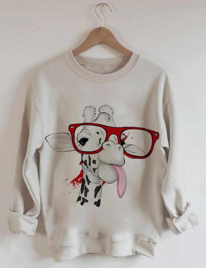 Women's Giraffe Glasses Print Long Sleeve Round Neck Sweatshirt