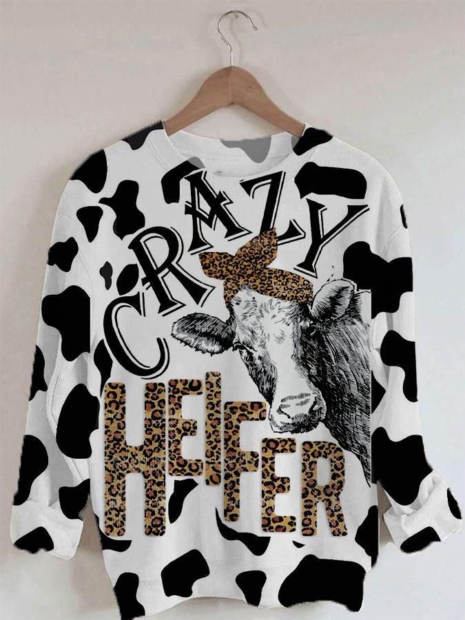 Women's Heifer Crazy Print Long Sleeve Round Neck Sweatshirt