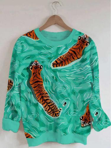 Women's Tiger Print Long Sleeve Round Neck Sweatshirt