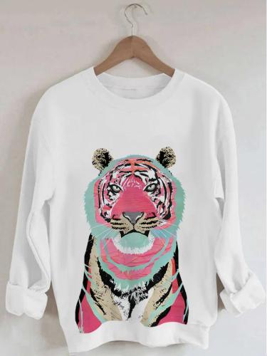 Women's Tiger Art Print Long Sleeve Round Neck Sweatshirt