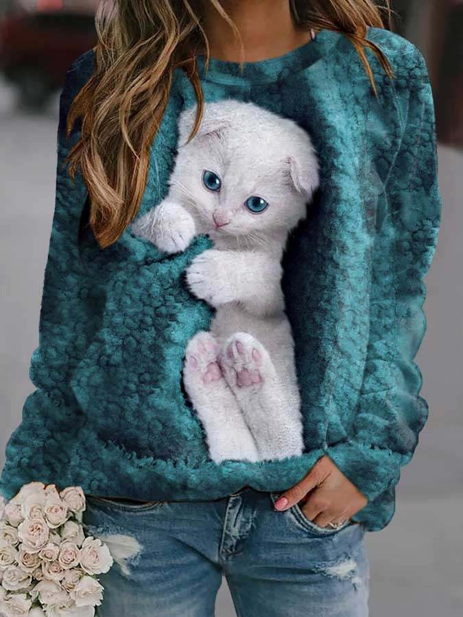 Fashion Cat Print Long-Sleeve Sweatshirt