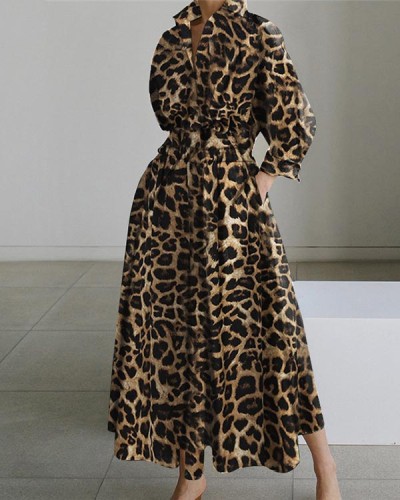 Temperament Commuter Lapel Leopard Shirt Sleeves Loose Dress