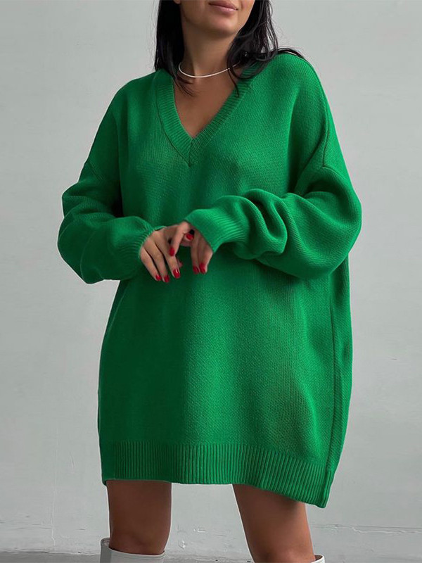 V-Neck Loose Knit Pullover Long Knit Skirt Women