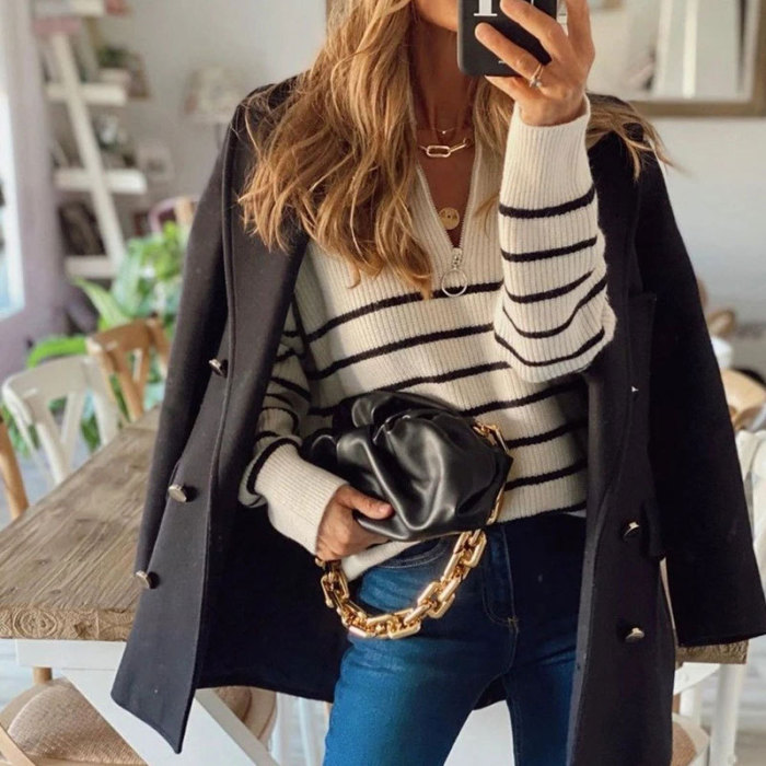 Casual Stripe Jacquard Sweater Top