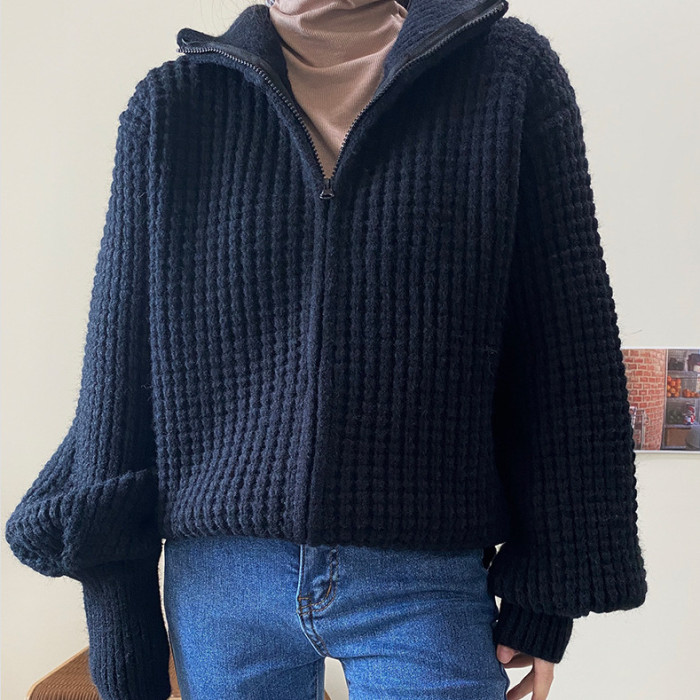 Turtleneck Simple Zip Knit Cardigan