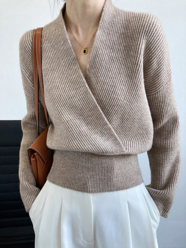 Cropped Vintage Crossover V-Neck Wrap Sweater