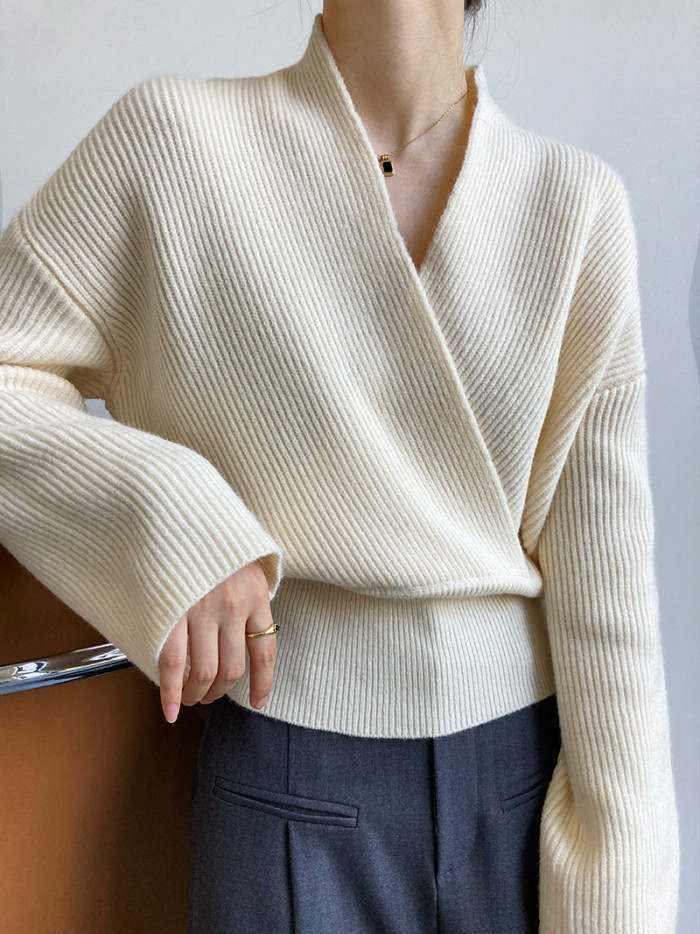 Cropped Vintage Crossover V-Neck Wrap Sweater