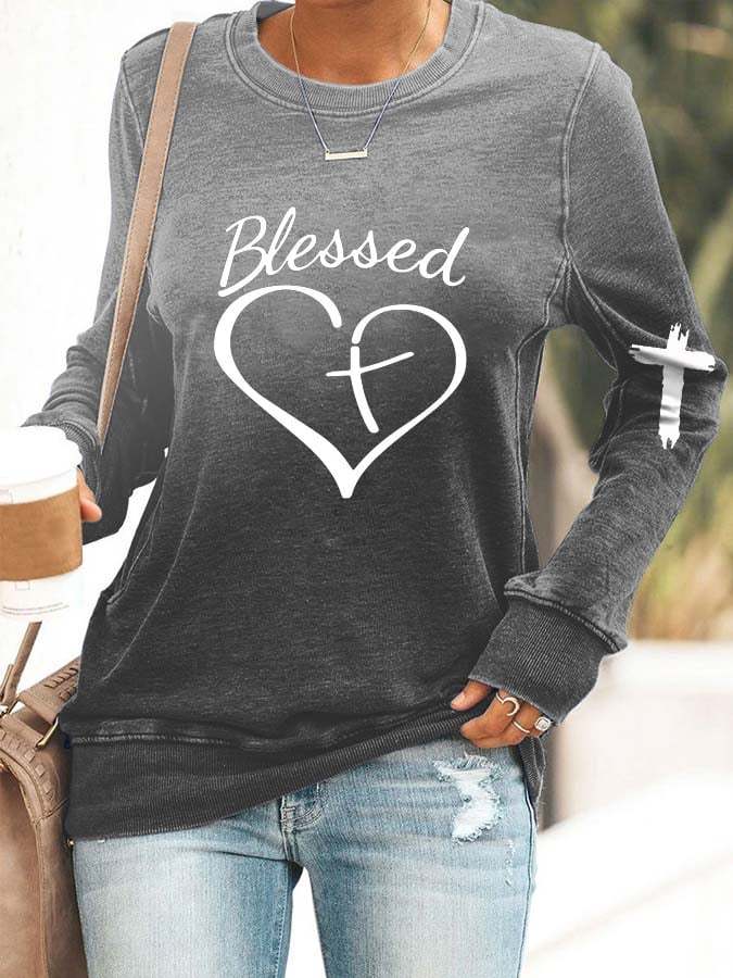 Women's Blessed Cross Heart Gradient Print Casual Sweatshirt