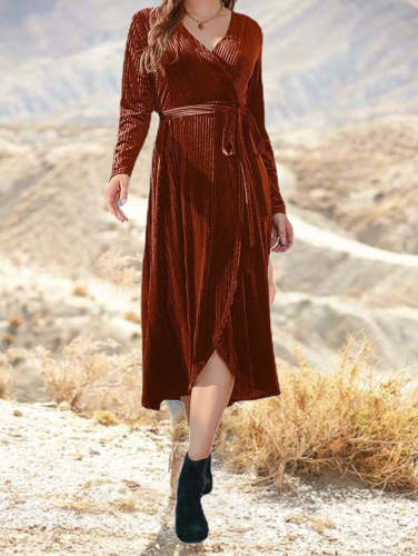 Surplice Neck Wrap Tie Corduroy Slit Dress