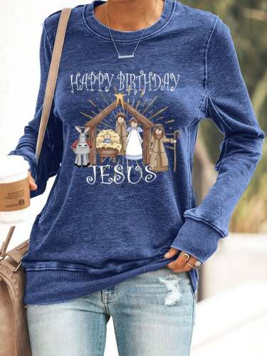 Women's Happy Birthday Jesus Print Casual Sweatshirt