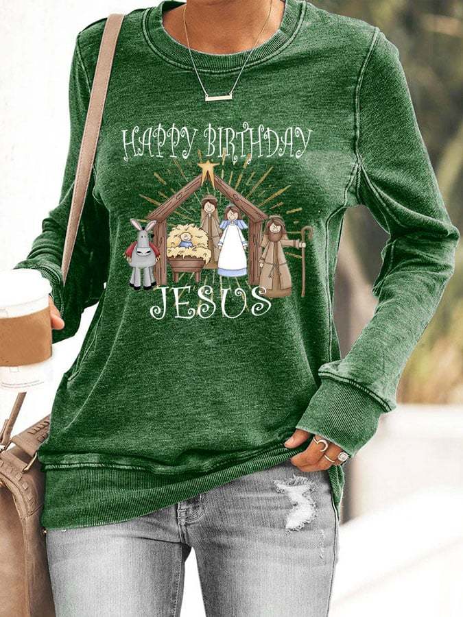 Women's Happy Birthday Jesus Print Casual Sweatshirt