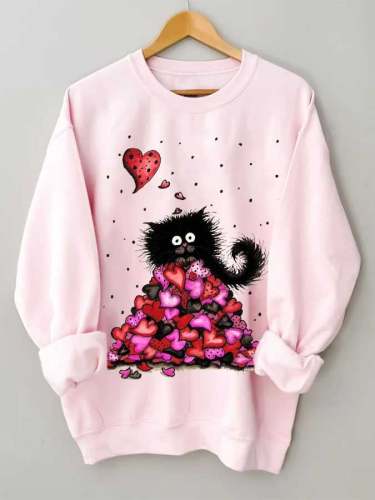 Valentine's Day Cat Love Print Sweatshirt