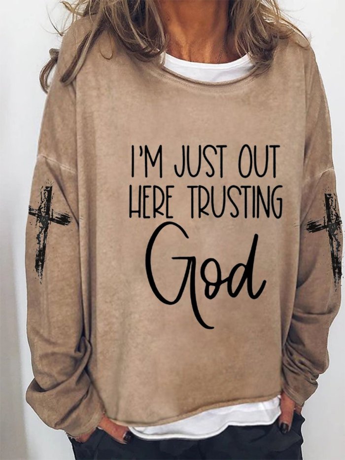 Women's Faith I'm Just Here Trusting God Cross Print T-Shirt