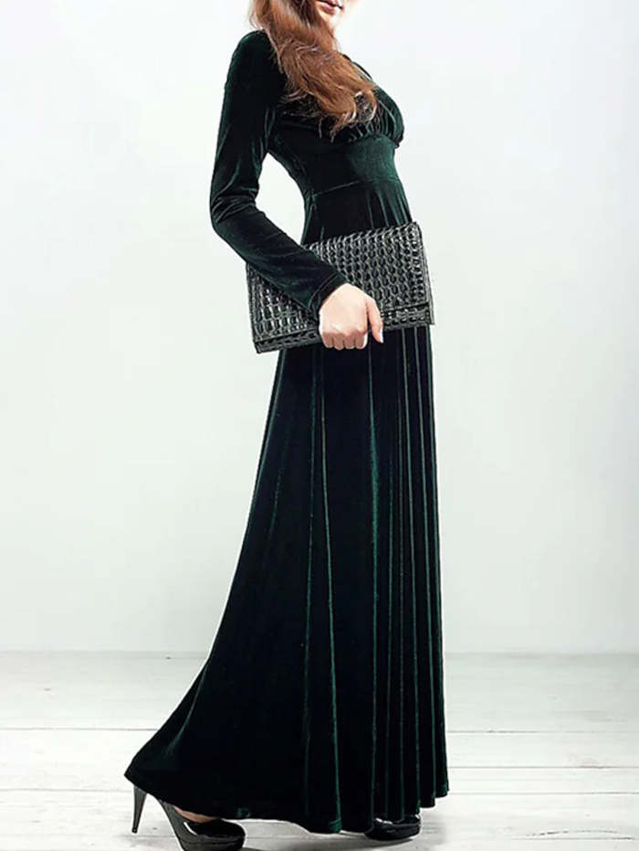 Elegant Wrap Wide Band A-line Velvet Maxi Dress