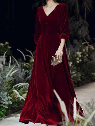 V Neck Buttoned Lantern Sleeve Retro Velvet Maxi Dress