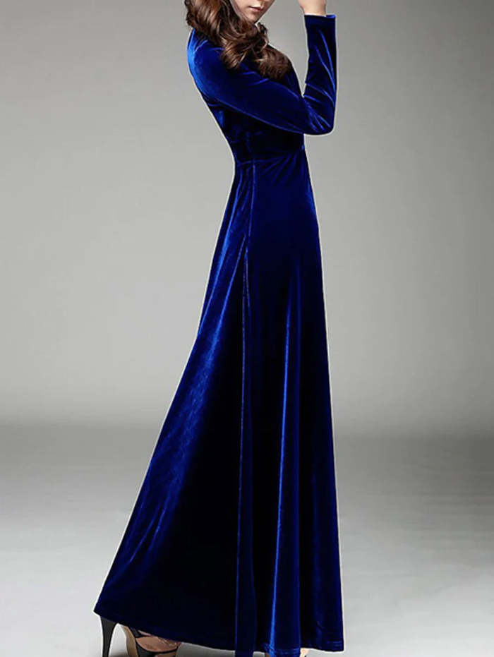Elegant Wrap Wide Band A-line Velvet Maxi Dress