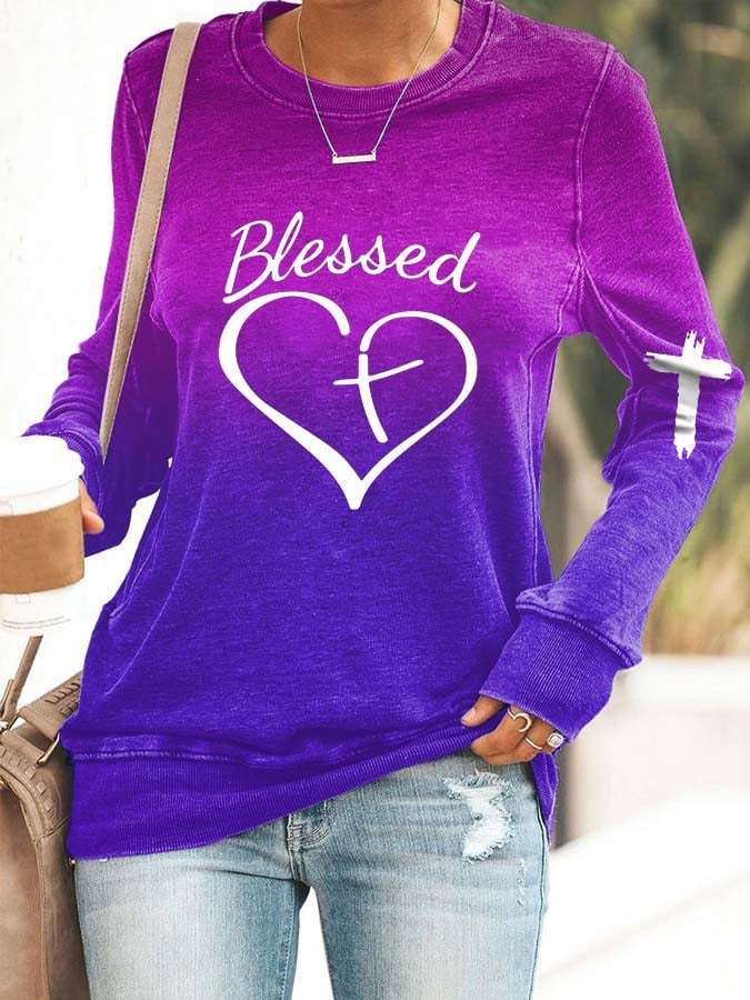 Women's Blessed Cross Heart Gradient Print Casual Sweatshirt