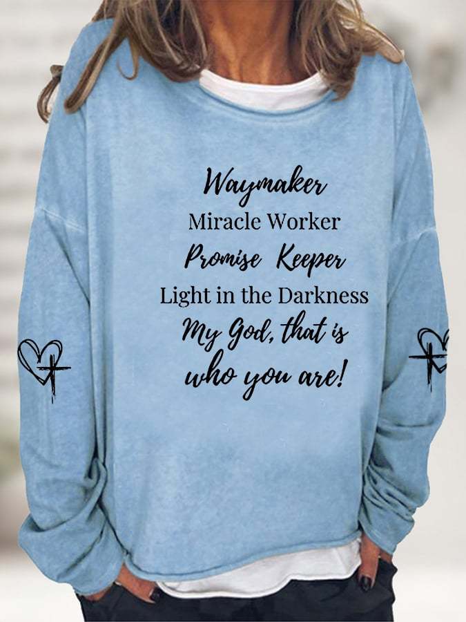 Women's Waymaker Miracle Worker Promise Keeper Light in the Darkness My God Printed Casual Sweater