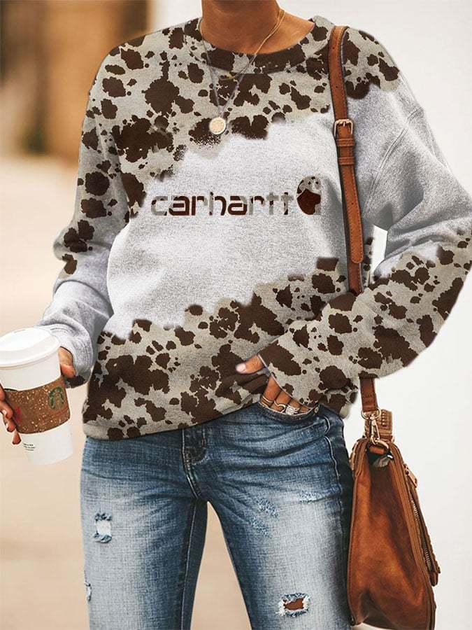 Women's Cow Carhartt Print Casual Crew Neck Sweatshirt