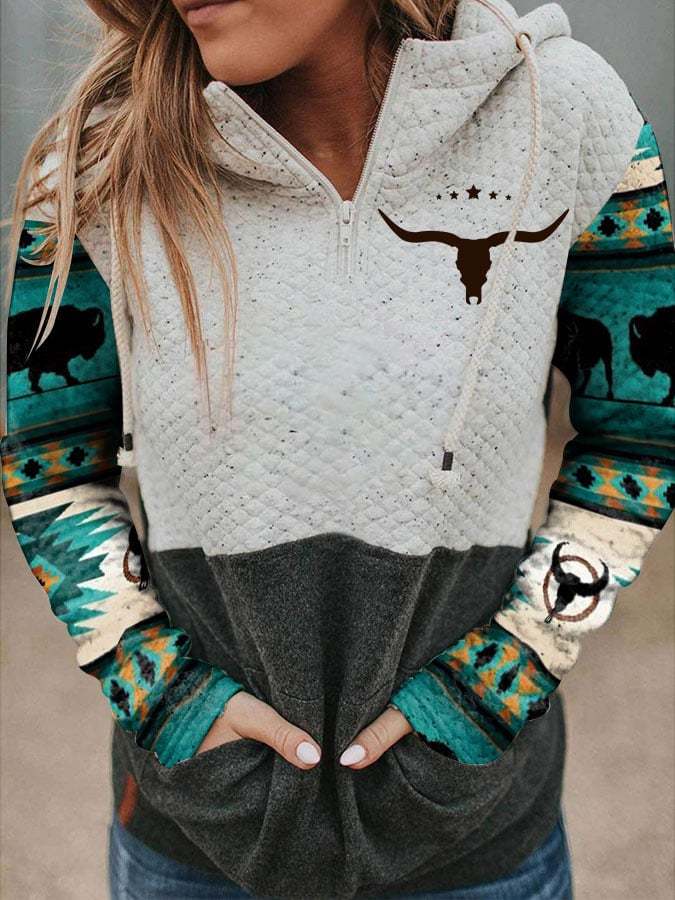 Women's Vintage Western Print Hooded Sweatshirt