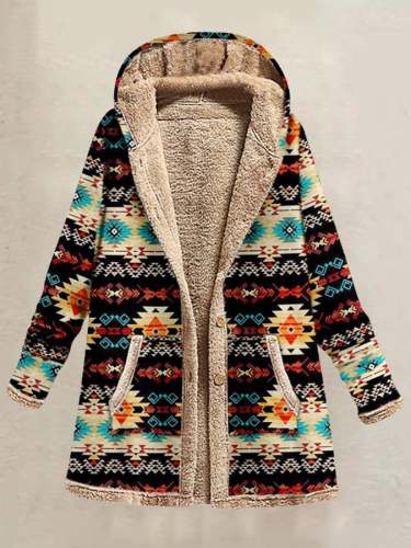 Women's Casual Retro Ethnic Style Printed Cotton And Linen Hoodie