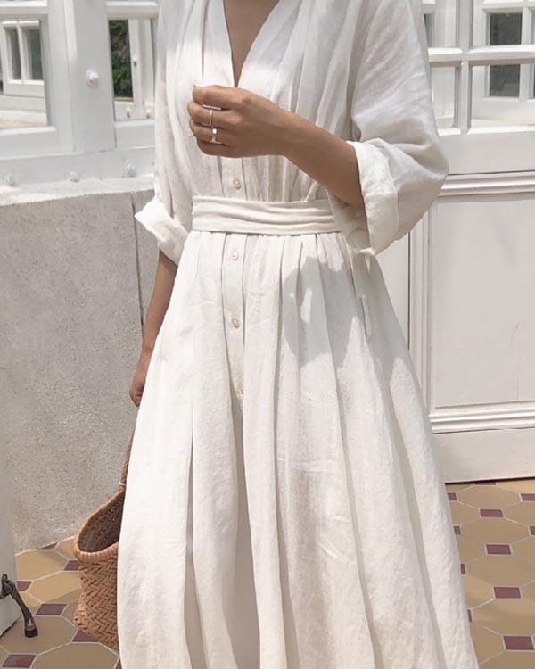 Elegant V-neck Long-sleeved Simple Loose Cotton and Linen Shirt Dress