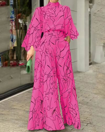 Elegant Neck Tie Printed Long Sleeve Jumpsuit