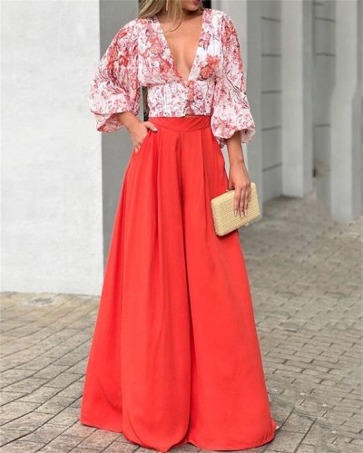 Elegant V-neck Puff Sleeve Floral Top Wide-leg Pants Suit