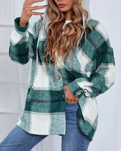 Casual Plaid Hooded Wool Coat