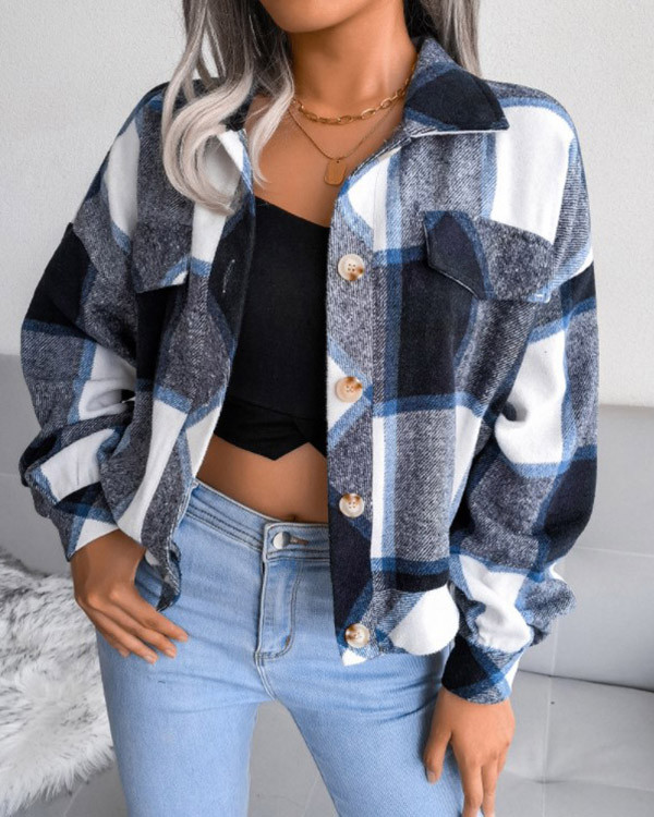 Casual Plaid Lantern Long-sleeved Woolen Coat