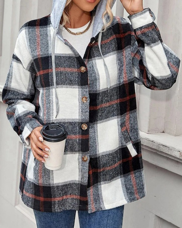 Casual Plaid Hooded Wool Coat