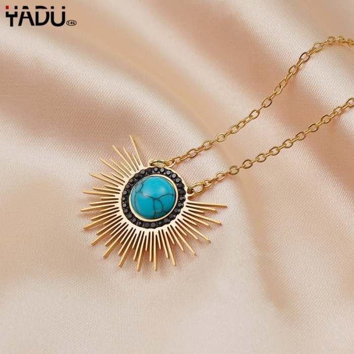 Last Day 75% OFFGold sunflower turquoise pendant
