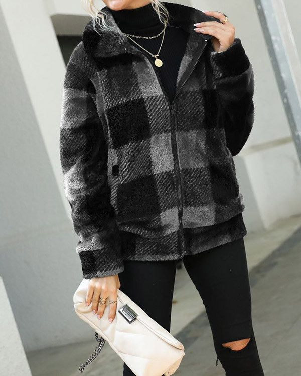 Casual Long Sleeve Stand Collar Plaid Plush Coat