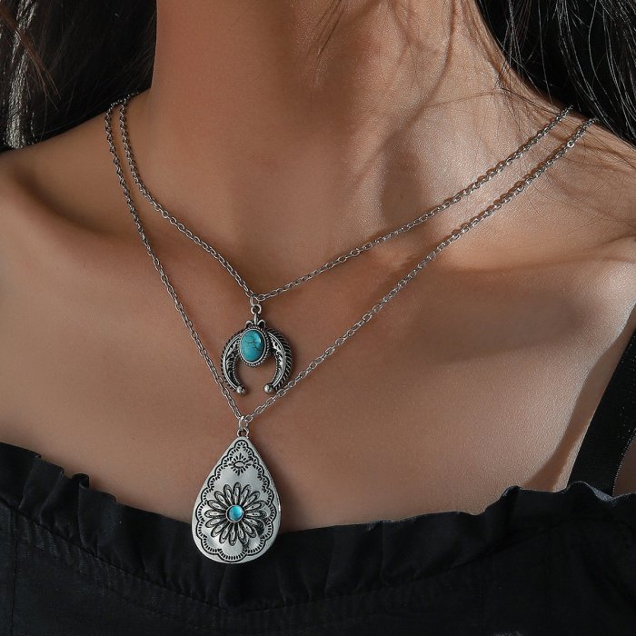 Last Day 75% OFFTurquoise Drop Carved Double Layer Necklace