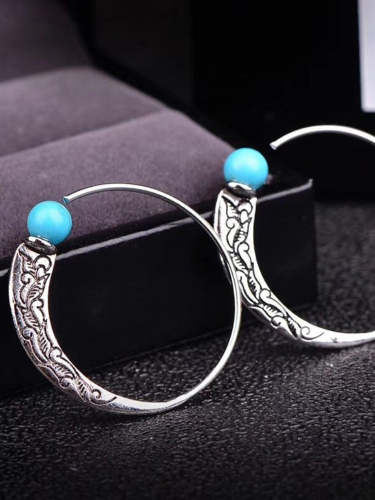 Wisherryy Vintage Carving Crescent Turquoise Earrings