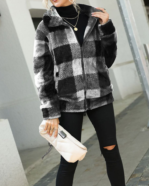 Casual Long Sleeve Stand Collar Plaid Plush Coat