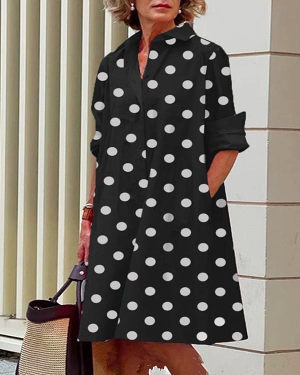 Polka Dot Print Long Sleeves Shirt Collar Short Dress