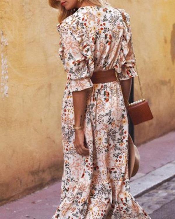 Bohemian Long Sleeve V Neck Loose Floral Belt Dress