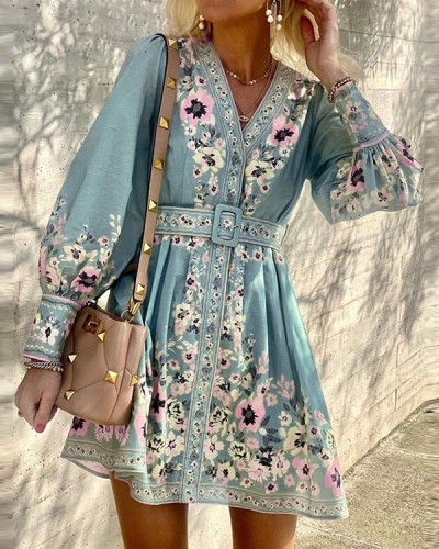 Bohemian Long Sleeve V Neck Loose Floral Belt Dress