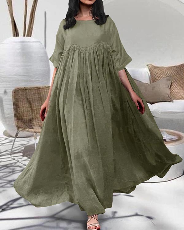 Cotton Linen Pullover Round Neck Large Swing Solid Color Dress