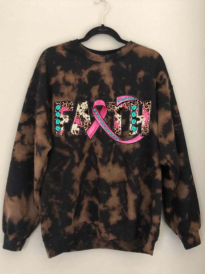 Women's Tie Dye Colorful Breast Cancer Print Crew Neck Long Sleeve Sweatshirt