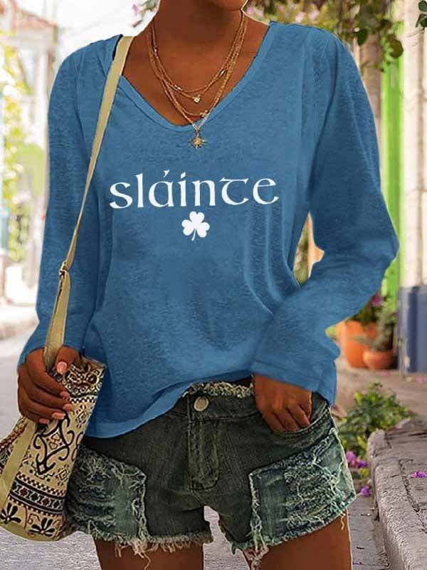 Women's Slainte St. Patrick's Day Print Casual Long Sleeve V-Neck T-Shirt