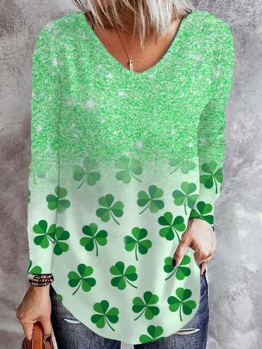 Women's St. Patrick's Day Clover Print Long Sleeve T-Shirt