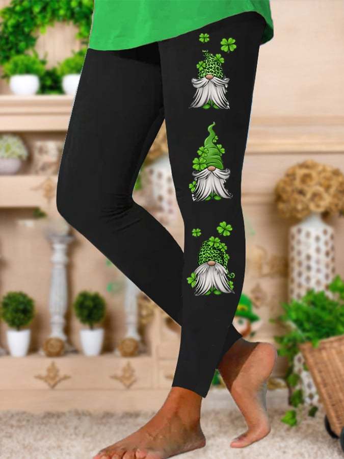 Women's St Patrick's Day Gnome Clover Print Casual Leggings